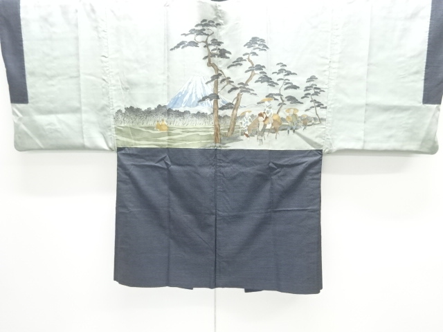 JAPANESE KIMONO / ANTIQUE MENS HAORI / SILK / TSUMUGI / MT. FUJI (lining)